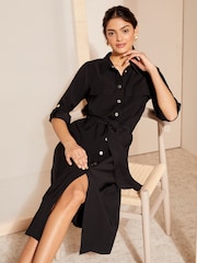 Friends Like These Black Utility Belted Long Sleeve Midi Shirt Dress - Image 1 of 4