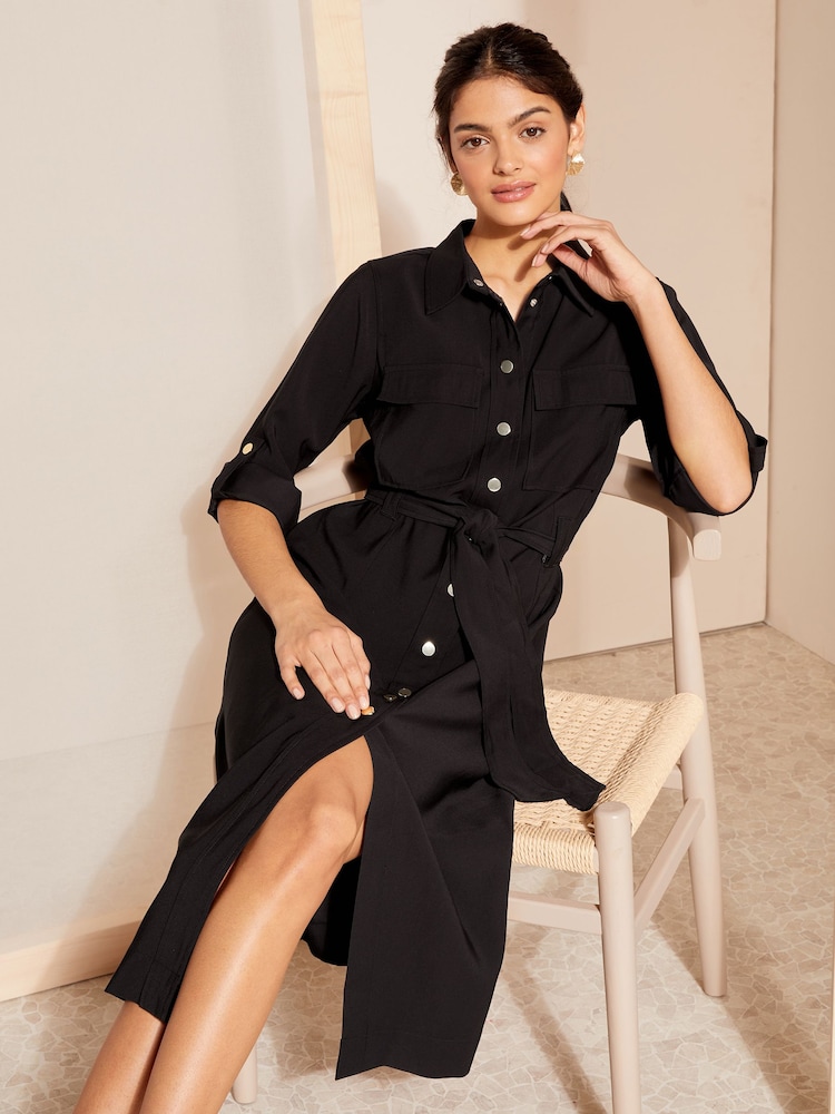 Friends Like These Black Utility Belted Long Sleeve Midi Shirt Dress - Image 1 of 4