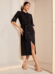 Friends Like These Black Utility Belted Long Sleeve Midi Shirt Dress - Image 3 of 4