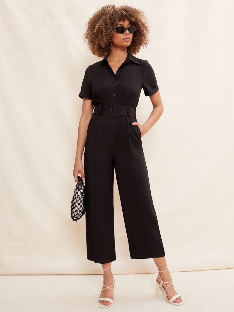 Friends Like These Black Utility Belted Short Sleeve Wide Leg Jumpsuit - Image 1 of 4