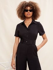 Friends Like These Black Utility Belted Short Sleeve Wide Leg Jumpsuit - Image 3 of 4
