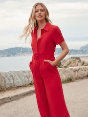 Friends Like These Red Utility Belted Short Sleeve Wide Leg Jumpsuit - Image 2 of 4