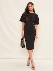 Friends Like These Black Tailored Knot Detail Flutter Sleeve Midi Dress - Image 1 of 4
