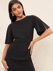 Friends Like These Black Tailored Knot Detail Flutter Sleeve Midi Dress - Image 2 of 4