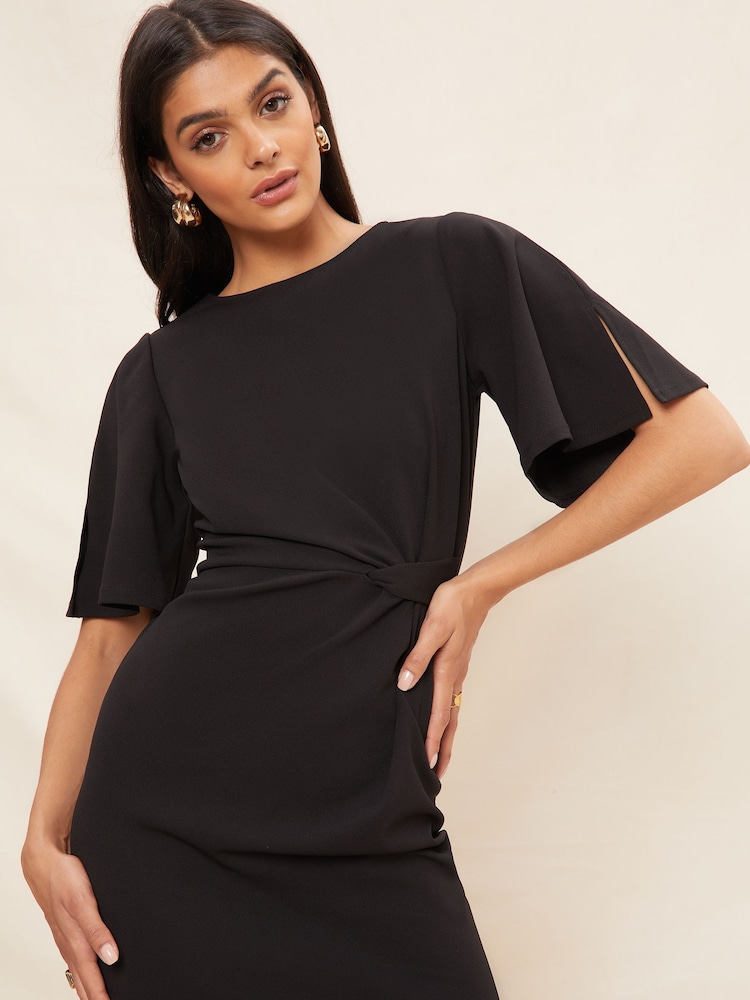 Friends Like These Black Tailored Knot Detail Flutter Sleeve Midi Dress - Image 2 of 4