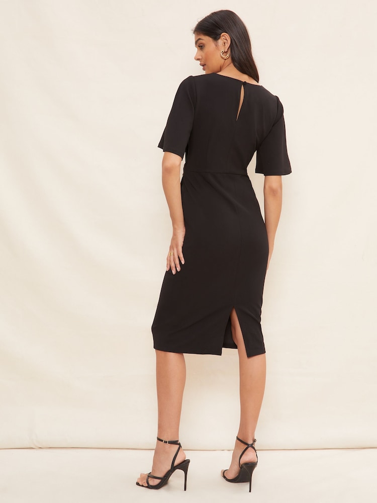 Friends Like These Black Tailored Knot Detail Flutter Sleeve Midi Dress - Image 4 of 4 Friends Like These Black Tailored Knot Detail Flutter Sleeve Midi Dress - Image 4 of 4