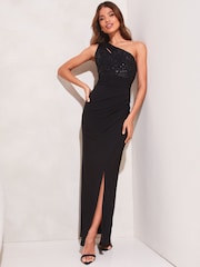 Lipsy Black Sequin One Shoulder Split Maxi Dress - Image 1 of 4