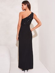 Lipsy Black Sequin One Shoulder Split Maxi Dress - Image 2 of 4