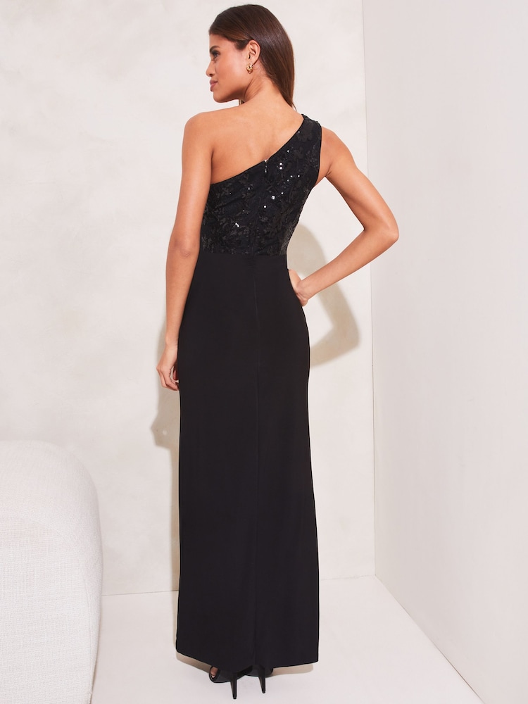 Lipsy Black Sequin One Shoulder Split Maxi Dress - Image 2 of 4 Lipsy Black Sequin One Shoulder Split Maxi Dress - Image 2 of 4