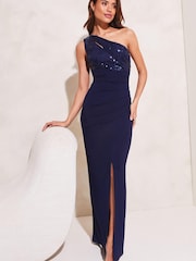 Lipsy Navy Blue Petite Sequin One Shoulder Split Maxi Dress - Image 1 of 4