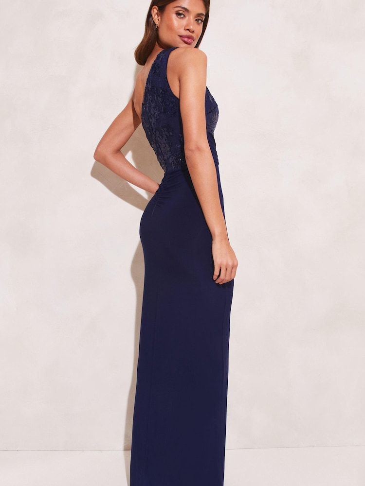 Lipsy Navy Blue Petite Sequin One Shoulder Split Maxi Dress - Image 2 of 4 Lipsy Navy Blue Petite Sequin One Shoulder Split Maxi Dress - Image 2 of 4