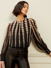 Love & Roses Black Printed Ruched High Neck Long Sleeve Chiffon Blouse - Image 1 of 4