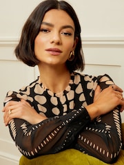 Love & Roses Black Printed Ruched High Neck Long Sleeve Chiffon Blouse - Image 3 of 4