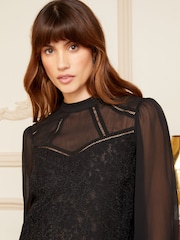 Love & Roses Black Lace High Neck Lace Trim Long Sleeve Blouse - Image 2 of 4