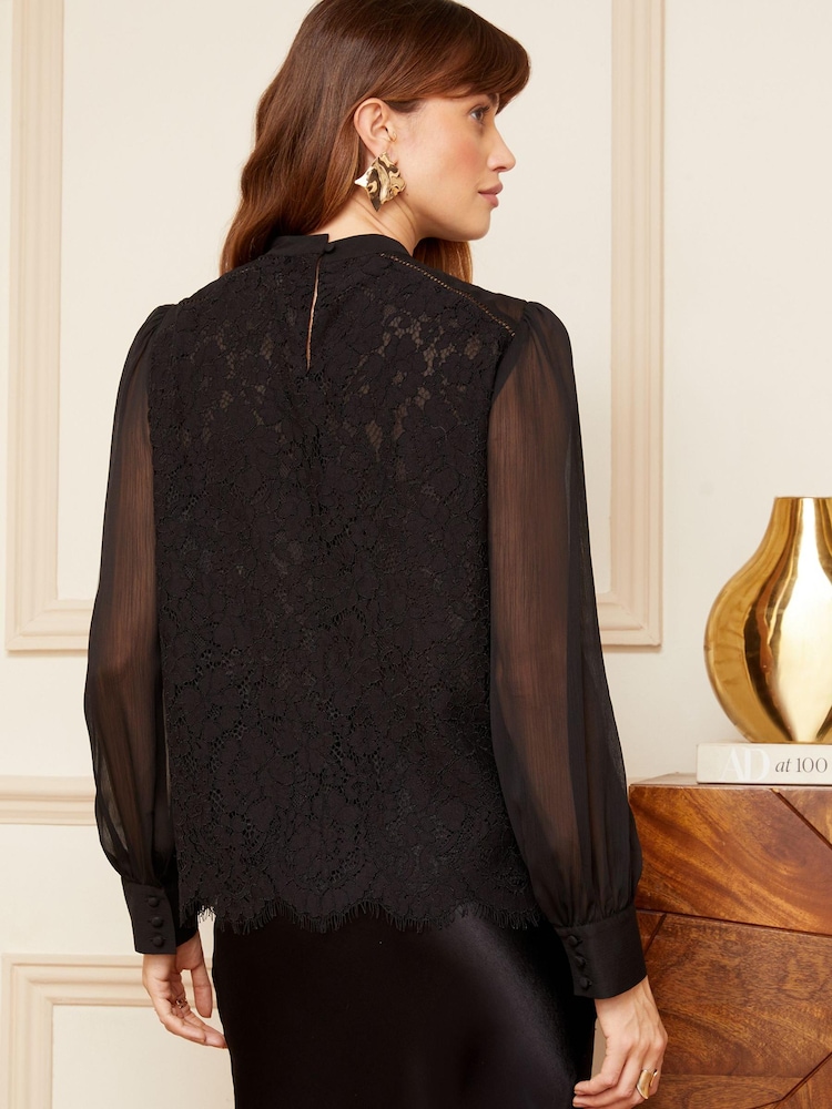 Love & Roses Black Lace High Neck Lace Trim Long Sleeve Blouse - Image 4 of 4