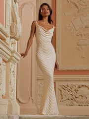 Lipsy White Petite Paige Sequin Cami Cowl Bridesmaid Dress - Image 1 of 3