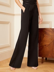 Love & Roses Black PU Trim High Waist Wide Leg Tailored Trousers - Image 1 of 4