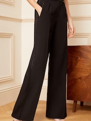 Love & Roses Black PU Trim Petite High Waist Wide Leg Tailored Trousers - Image 1 of 4