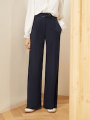 Love & Roses Navy Blue PU Trim High Waist Wide Leg Tailored Trousers - Image 1 of 4