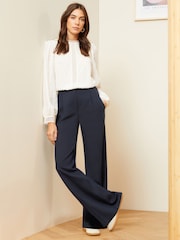 Love & Roses Navy Blue PU Trim High Waist Wide Leg Tailored Trousers - Image 4 of 4