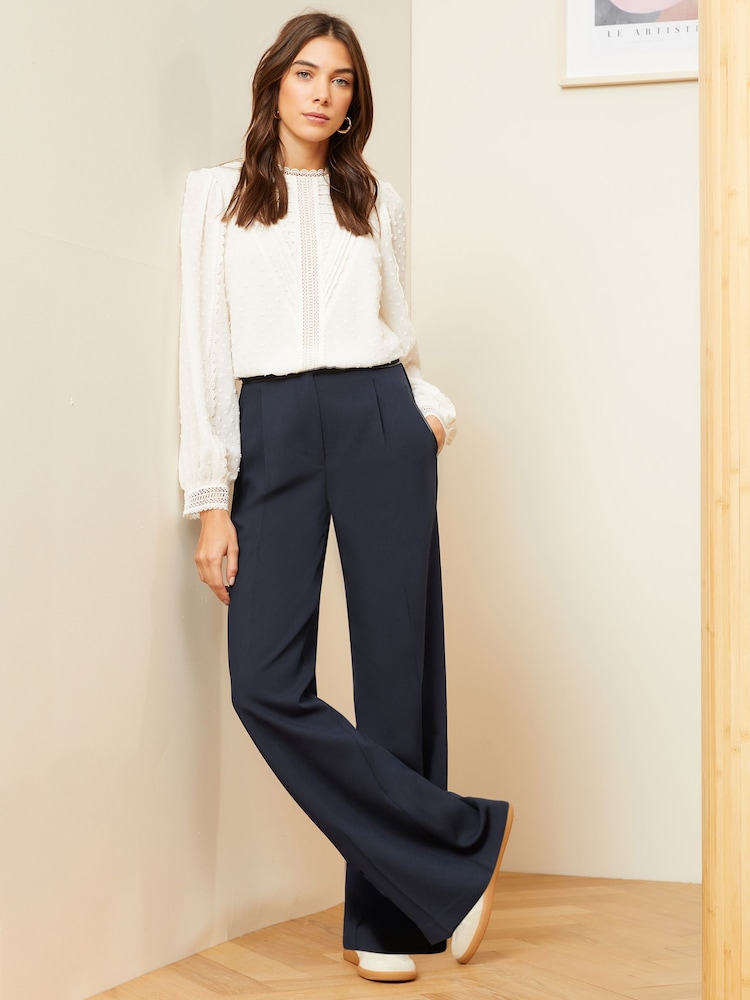 Love & Roses Navy Blue PU Trim High Waist Wide Leg Tailored Trousers - Image 4 of 4