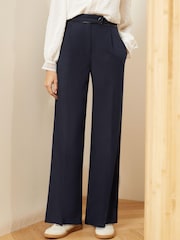 Love & Roses Navy Blue PU Trim Petite High Waist Wide Leg Tailored Trousers - Image 1 of 4