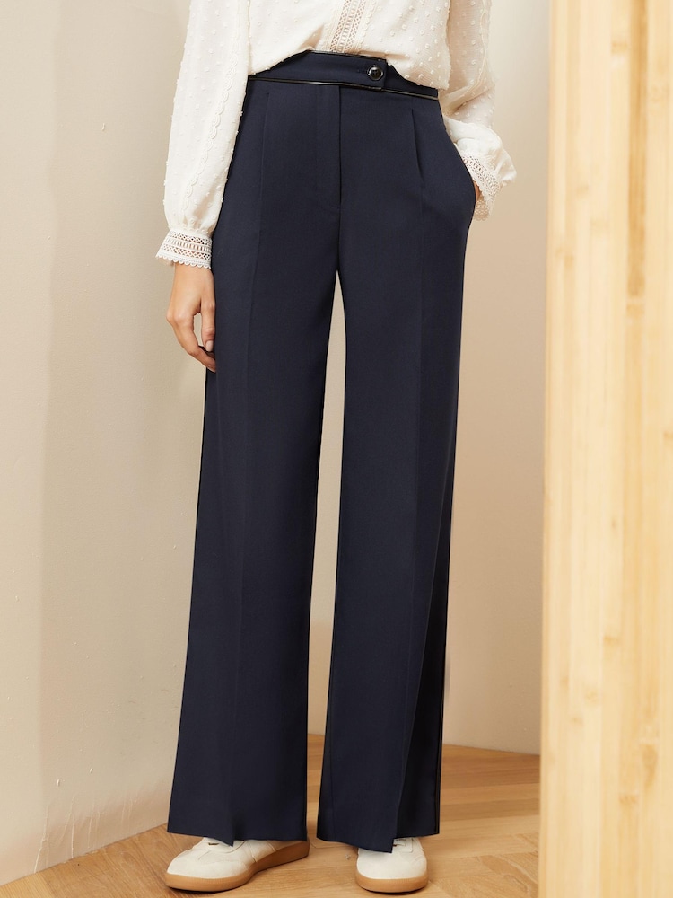 Love & Roses Navy Blue PU Trim Petite High Waist Wide Leg Tailored Trousers - Image 1 of 4 Love & Roses Navy Blue PU Trim Petite High Waist Wide Leg Tailored Trousers - Image 1 of 4
