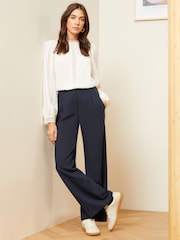 Love & Roses Navy Blue PU Trim Petite High Waist Wide Leg Tailored Trousers - Image 2 of 4