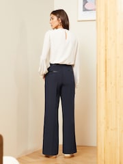 Love & Roses Navy Blue PU Trim Petite High Waist Wide Leg Tailored Trousers - Image 3 of 4