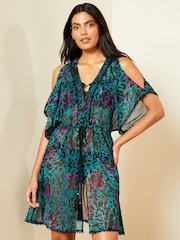 Love & Roses Green Animal Printed Lace Trim Mini Coverup Kaftan - Image 1 of 4