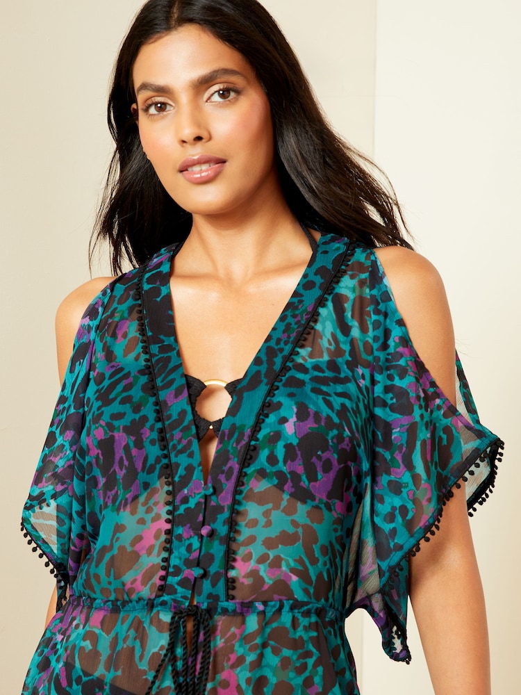 Love & Roses Green Animal Printed Lace Trim Mini Coverup Kaftan - Image 2 of 4