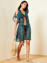 Love & Roses Green Animal Printed Lace Trim Mini Coverup Kaftan - Image 3 of 4