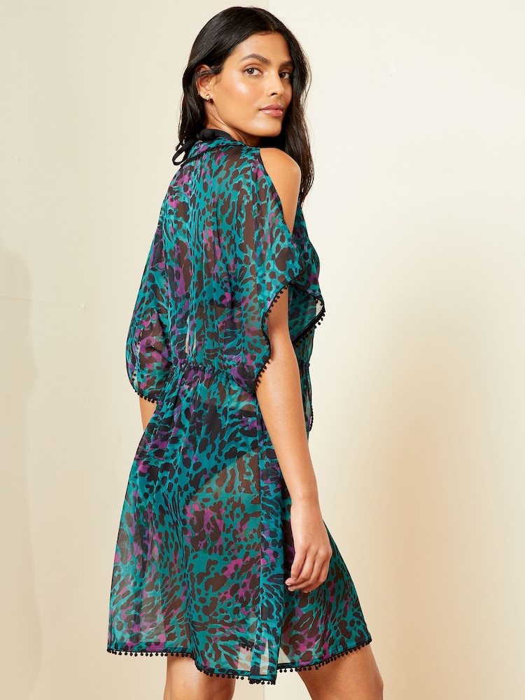 Love & Roses Green Animal Printed Lace Trim Mini Coverup Kaftan - Image 4 of 4