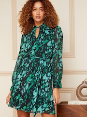 Love & Roses Green Twist Neck Ruffle Hem Long Sleeve Mini Dress - Image 1 of 4
