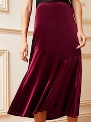 Love & Roses Berry Red Velvet Swing Midi Skirt - Image 1 of 4