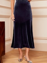 Love & Roses Navy Blue Velvet Swing Midi Skirt - Image 1 of 4