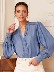 Love & Roses Blue Ruffle Trim V Neck Long Sleeve Blouse - Image 1 of 4