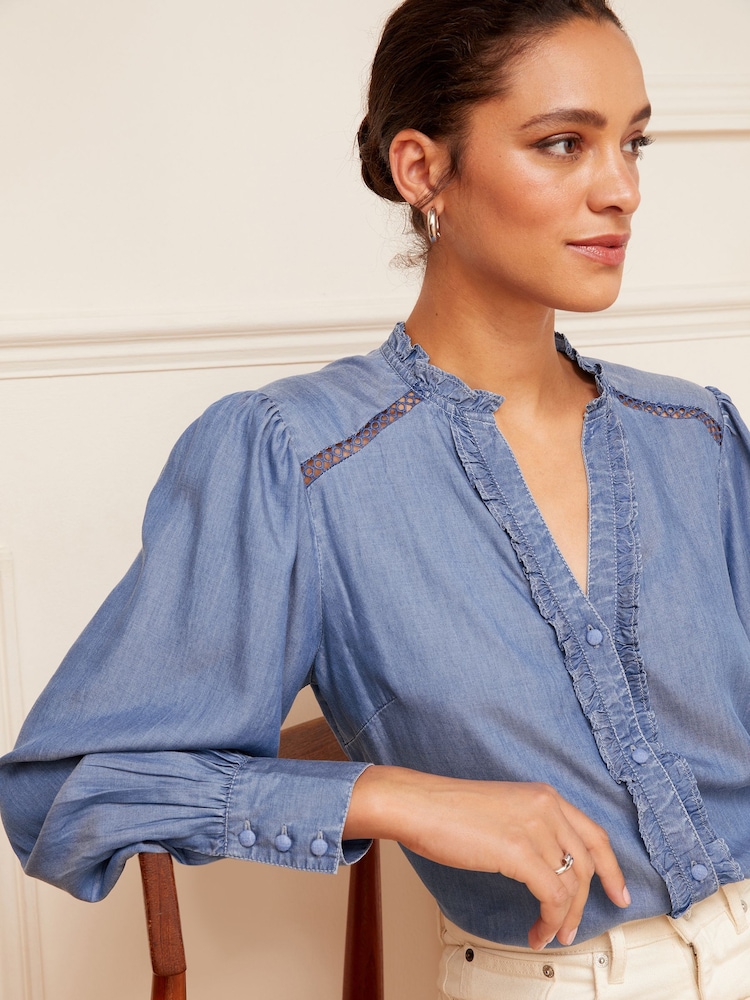 Love & Roses Blue Ruffle Trim V Neck Long Sleeve Blouse - Image 2 of 4