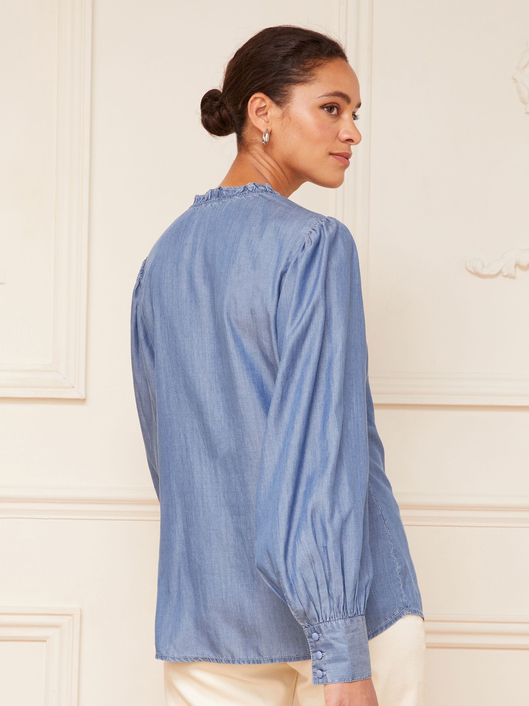 Buy Love & Roses Blue Ruffle Trim V Neck Long Sleeve Blouse Buy Love & Roses Blue Ruffle Trim V Neck Long Sleeve Blouse