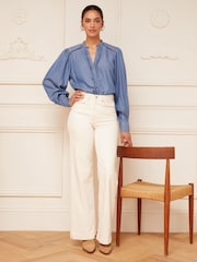 Love & Roses Blue Ruffle Trim V Neck Long Sleeve Blouse - Image 4 of 4