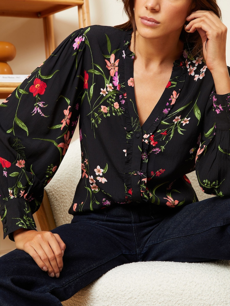 Love & Roses Black and White Floral Ruffle Trim V Neck Long Sleeve Blouse - Image 2 of 4