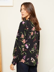 Love & Roses Black and White Floral Ruffle Trim V Neck Long Sleeve Blouse - Image 3 of 4