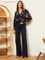 Love & Roses Black and White Floral Ruffle Trim V Neck Long Sleeve Blouse - Image 4 of 4