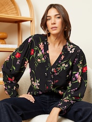 Love & Roses Black and White Floral Petite Ruffle Trim V Neck Long Sleeve Blouse - Image 1 of 4