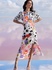 Mary Katranzou x Lipsy Red Floral Ruched Sleeve Split Midi Dress - Image 1 of 4