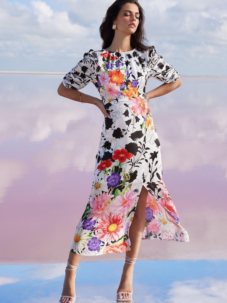 Mary Katranzou x Lipsy Red Floral Ruched Sleeve Split Midi Dress - Image 1 of 4