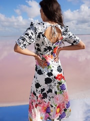 Mary Katranzou x Lipsy Red Floral Ruched Sleeve Split Midi Dress - Image 3 of 4