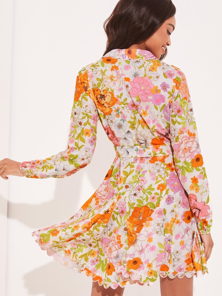 Lipsy Floral Long Sleeve Belted Scallop Mini Shirt Dress - Image 2 of 4 Lipsy Floral Long Sleeve Belted Scallop Mini Shirt Dress - Image 2 of 4