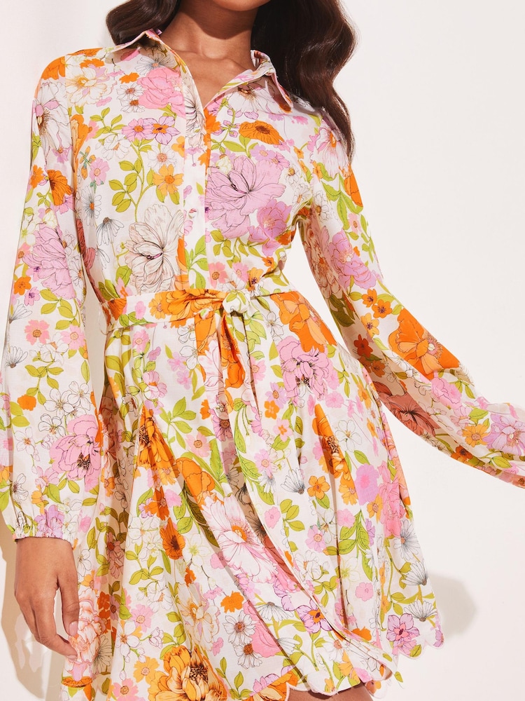 Lipsy Floral Long Sleeve Belted Scallop Mini Shirt Dress - Image 4 of 4 Lipsy Floral Long Sleeve Belted Scallop Mini Shirt Dress - Image 4 of 4