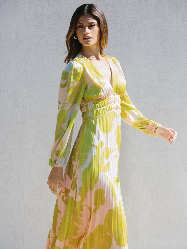 Lipsy Lime Floral Long Sleeve Pleated V Neck Channel Waist Midi Dress - Image 1 of 4 Lipsy Lime Floral Long Sleeve Pleated V Neck Channel Waist Midi Dress - Image 1 of 4
